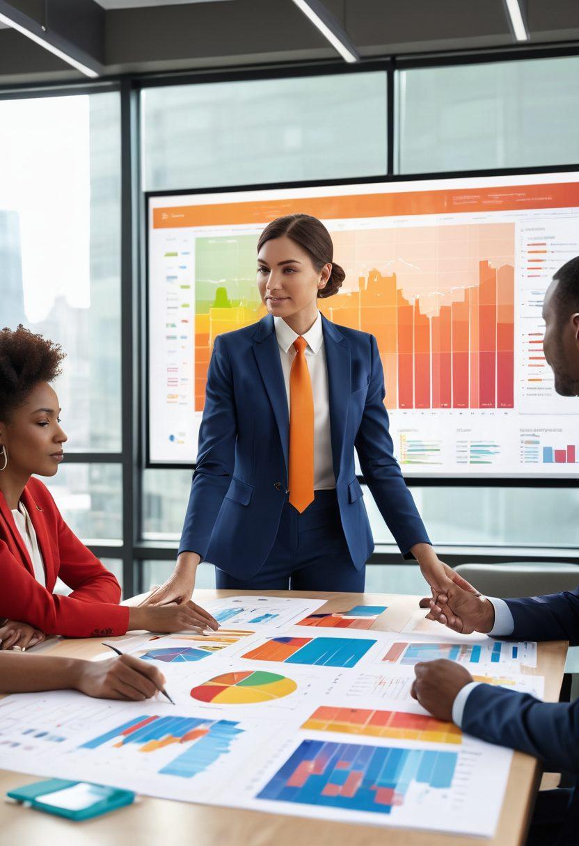 A dynamic scene depicting a confident consultant presenting innovative strategies in a modern boardroom, surrounded by engaged professionals taking notes and analyzing charts on a screen. The atmosphere conveys collaboration, energy, and professionalism with a sleek, contemporary design. Show diverse individuals in business attire, emphasizing teamwork and forward-thinking solutions. light and bright color palette, professional style. super-realistic. vibrant colors.