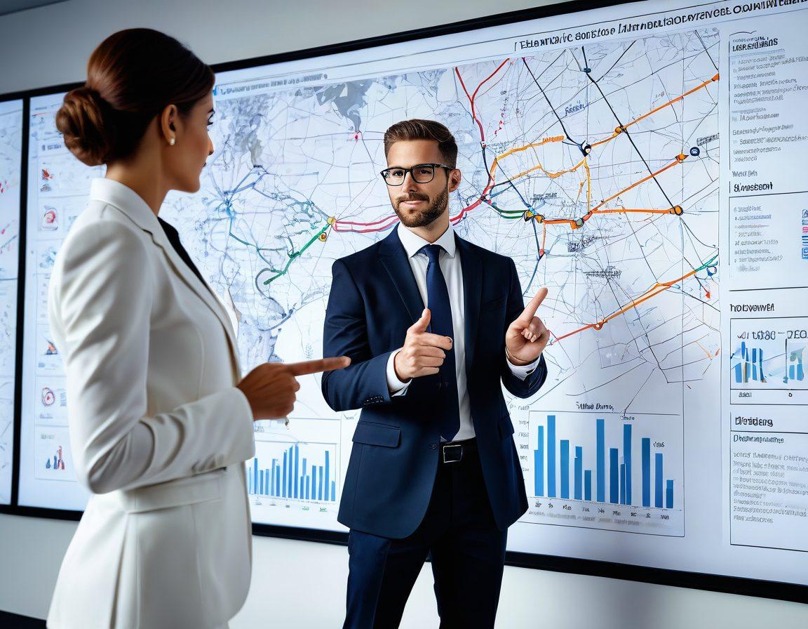 A confident business consultant pointing at a digital strategy map displayed on a futuristic touch screen interface, surrounded by diverse professionals engaging in discussion. The background features skyscrapers symbolizing a bustling city, with graphs and charts overlaying the scene to symbolize success. Bright, inviting colors to evoke a sense of ambition and innovation. super-realistic. vibrant colors. white background.