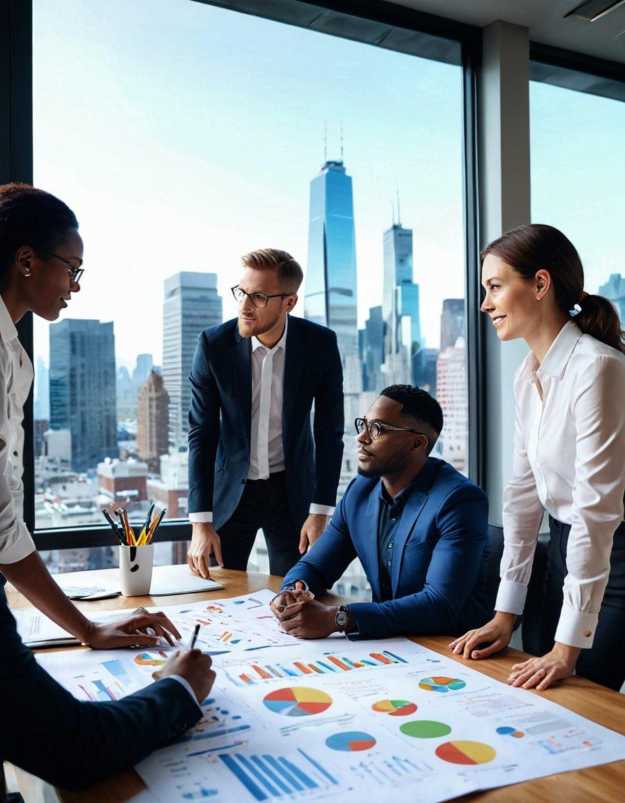 A dynamic business consultant engaged in a brainstorming session with diverse professionals, surrounded by charts and strategy documents. The setting is a modern office with large windows showing a city skyline. Light bulb icons are floating above their heads, symbolizing ideas and innovation. The atmosphere is energetic and inspiring, with a sense of collaboration and success.
 super-realistic. vibrant colors. 3D.